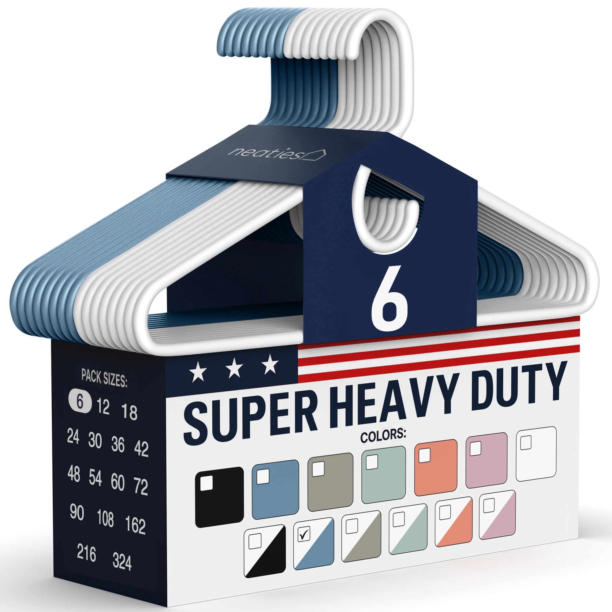 06pk Made in USA Super Heavy Duty Plastic Clothes Hangers Bulk, 20 30 50 100 Pack Available, Strong Plastic Hangers, Plastic Coat Hangers, Plastic Hanger for Closet and Clothing Hangars (White/Blue) — 06pk Made in USA Super Heavy Duty Plastic Clothes Hangers Bulk, 20 30 50 100 Pack Available, Strong Plastic Hangers, Plastic Coat Hangers, Plastic Hanger for Closet and Clothing Hangars (White/Blue)